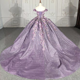 Off-Shoulder Ball Gown Floral Lace Appliques & Beaded Purple Tulle Quinceanera Dress for Sweet 16 & Princess Birthday Parties